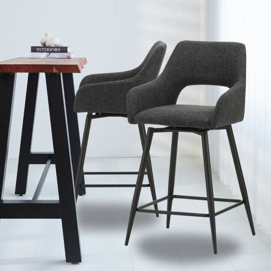 Tabouret De Bar, Lot De 2, Revêtement En Velours Noir Avec Dossier Et Repose Pieds Reglable En Hauteur 63 83cm Ml Design