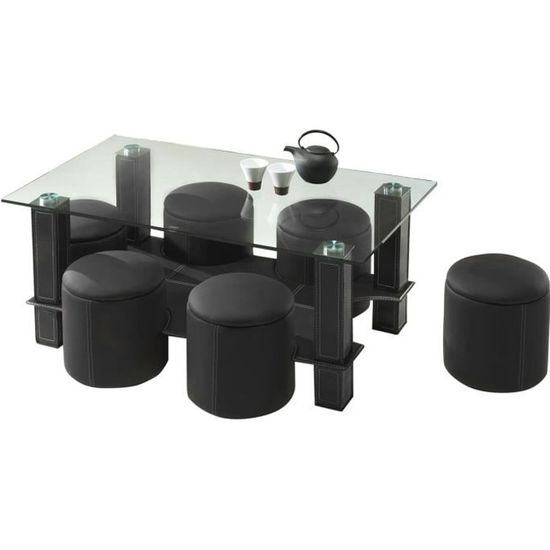 Table basse Bent avec 6 poufs, noir. Table - verre, métal, similicuir. Poufs - bois massif, panneaux de particules, similicuir.