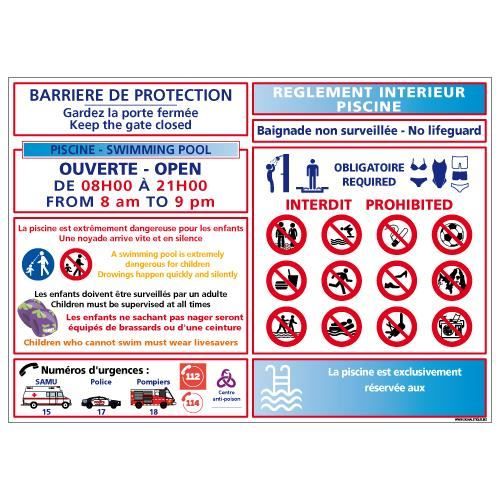 Panneau RÉGLEMENTATION PISCINE - PVC 1,5 mm - Adhesif au dos - Dimensions 420x300 mm