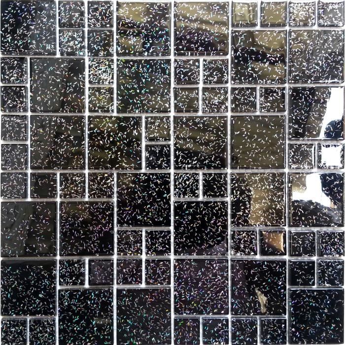 Carrelage mosaïque en verre Noir Avec des paillettes multicolor 30cmx30cm MT0011