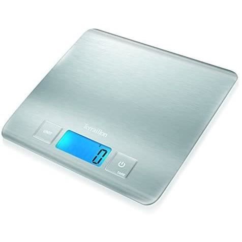 Terraillon Balance de Cuisine, Tare, Conversions Liquides, Ultra-Fine, Portée 5 kg, Carré Inox, Argent