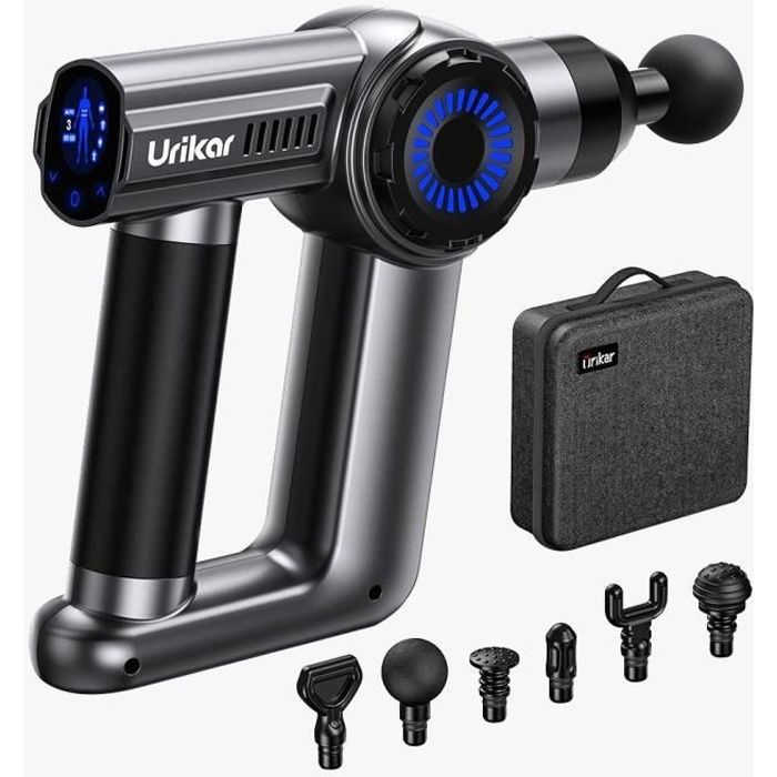 Pistolet de Massage Musculaire IA - Urikar - 16mm d'amplitude, Poussée de 65 lb, Mode AUTO, Masseur musculaire en forme de D