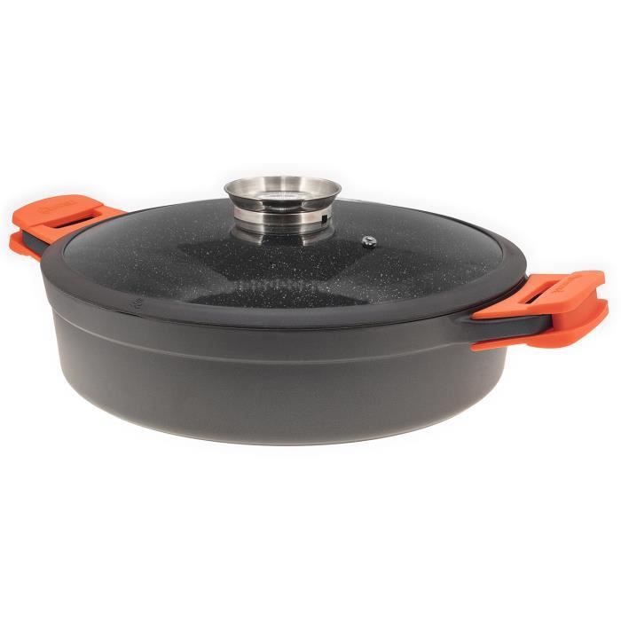 Grand sautoir effet pierre avec couvercle en verre silicone 36 cm - Laguiole Qualité Pro Noir