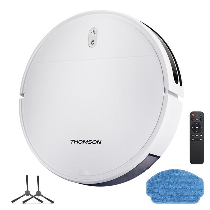 THOMSON - THVC204RW - Aspirateur Robot Laveur - 90 min - Navigation aléatoire - 4 modes nettoyage - 0,2 L poussière - 0,2 L eau