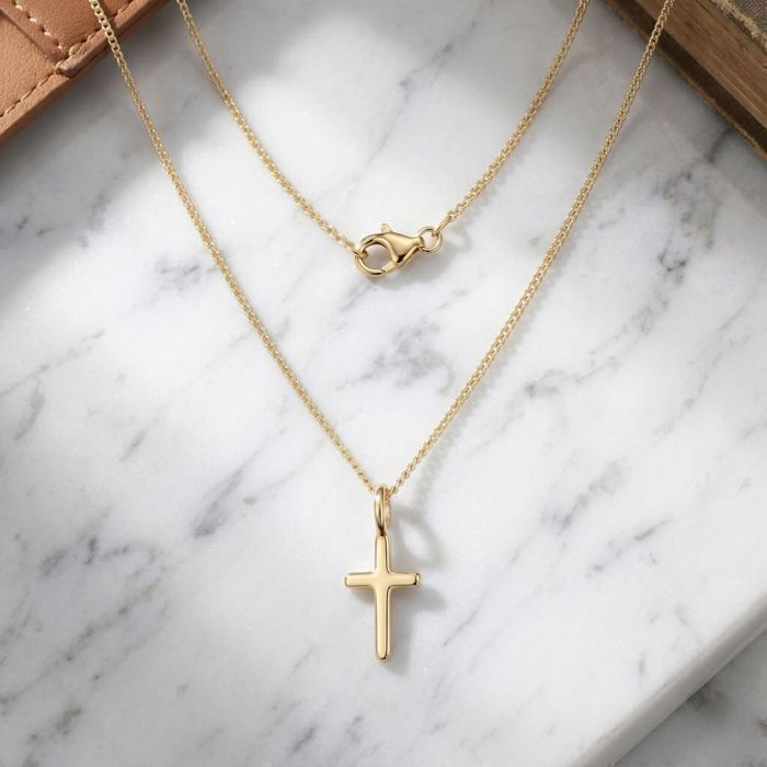 Collier Pendentif Croix Plaqué Or Jaune 750/1000 - Longueur 45 Cm - Bijouterie Papillon Bleu