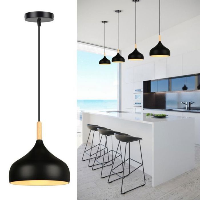WOTTES Lustre Suspension Luminaire Moderne Style Goutte Chapeau Plafonnier Métal Bois pour Salle à Manger Ø24CM Noir 4PCS