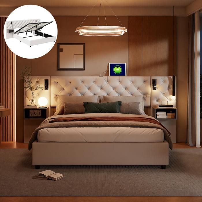 Lit coffre en lin 140x200cm avec LED et ports USB - sommier à lattes - beige | Leroy Merlin