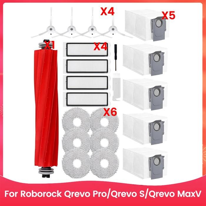 Aspirateur pour Roborock Qrevo Pro/Qrevo S/Qrevo MaxV Brosse Latérale Principale Filtre Hepa Chiffon de Nettoyage Sacs à Poussière