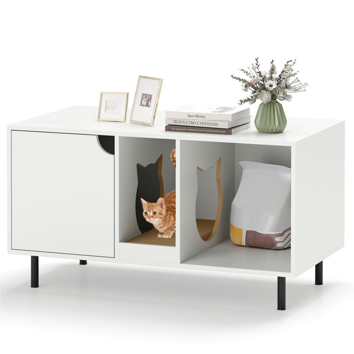 Comparer les prix de COSTWAY Meuble pour Bac à Litière pour Chat 100cm, 2 Compartiments, Griffoir Amovible, Pieds en Métal, Meuble pour Chat d'Intérieur