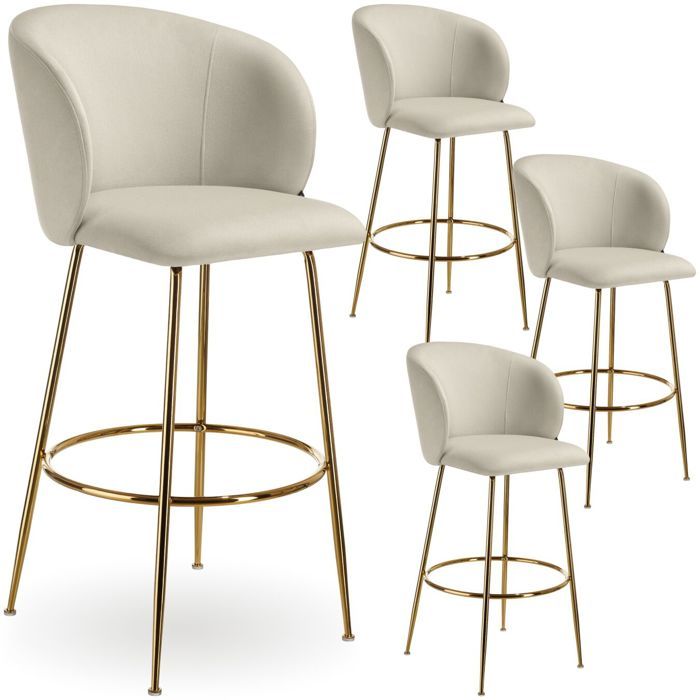 Tabouret de bar - TECTAKE - Lot de 4 tabourets LUANA aspect velours et repose-pieds 51 x 60 x 106 cm - Crème/Or