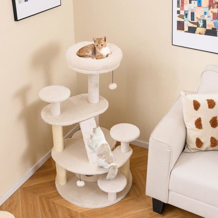 Meilleurs prix pour COSTWAY Arbre à Chat Multi-niveaux 101CM Condo Perchoir Poteaux à Gratter Boule en Peluche Suspendue Échelle dEscalade Beige
