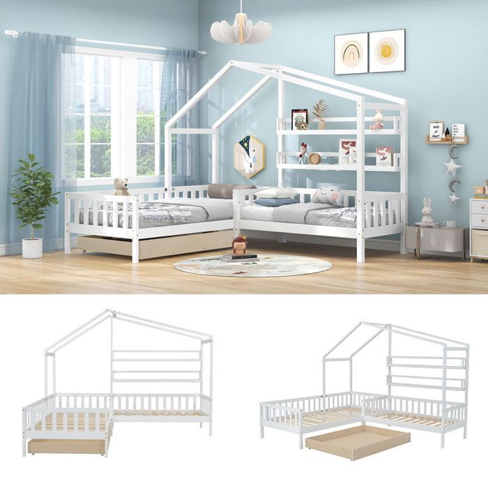 Lit enfant cabane 90x200-140x70 cm structure en L avec tiroirs et barrièrelit double avec étagères et sommier à lattesblanc