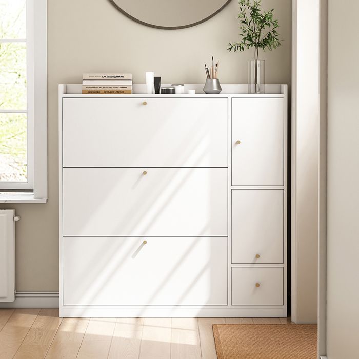 Armoire à chaussures 3 tiroirs + banc rabattable Blanc 119×24×122 cm Armoire à chaussures 3 tiroirs + banc rabattable Blanc 119×24×122 cm