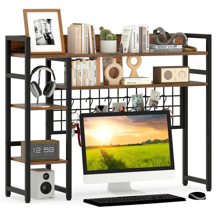 GIANTEX Organisateur de Bureau Étagère de Rangement avec Grille en Métal et 6 Crochets Amovibles 94 x 25 x 735 cm Marron