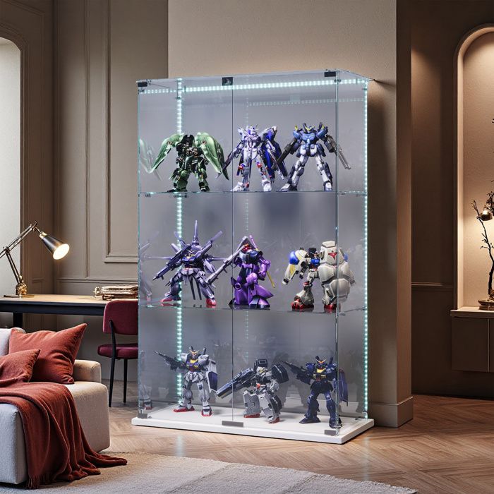 Vitrine en verre - Vitrine LED - 3 étagères - Portes doubles - Blanc scandinave