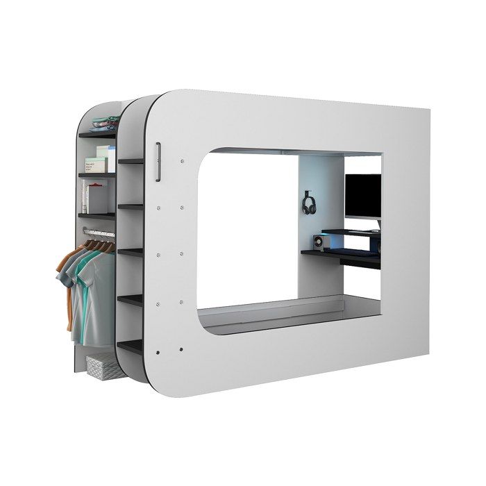 Lit mezzanine gamer 90 x 200 cm - Avec bureau et rangements - Avec LEDs – Blanc et anthracite - WARRIOR