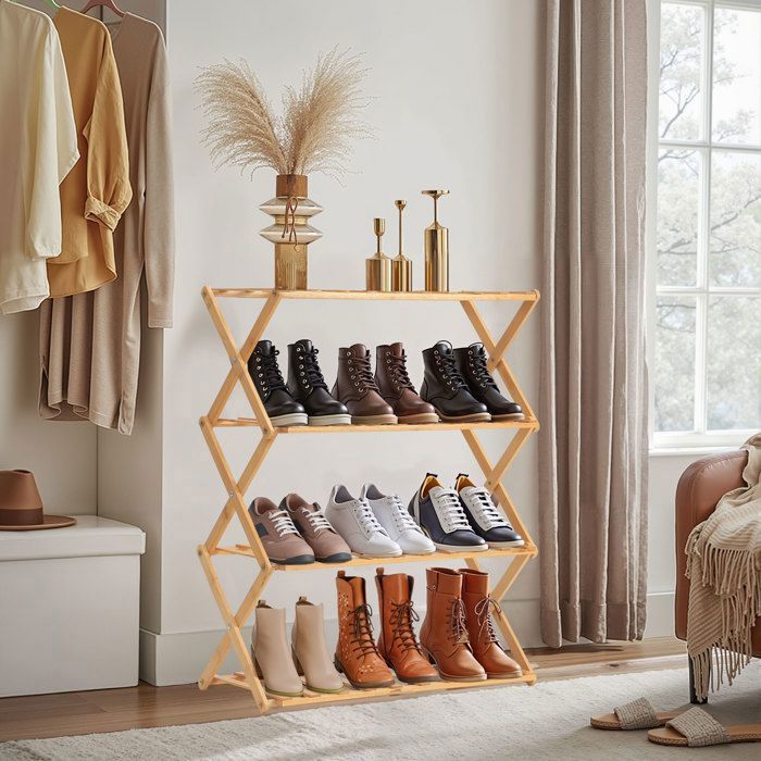 Étagère à chaussures - Bambou pliable 4 niveaux - 12 paires - Pré-assemblée - 25 x 50 x 67 5 cm