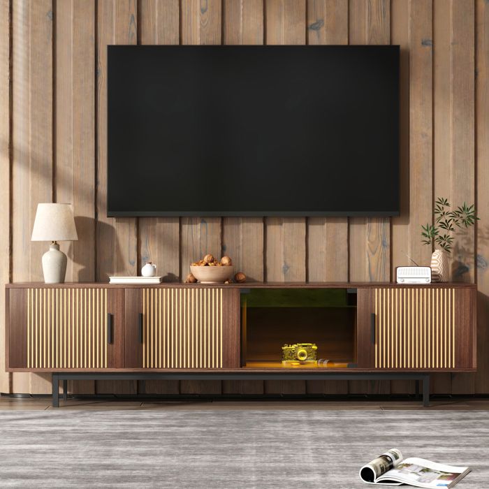 Meuble TV Moderne Noyer Et Noir - Éclairage LED Porte en Verre Design High-Tech 200x35x53cm