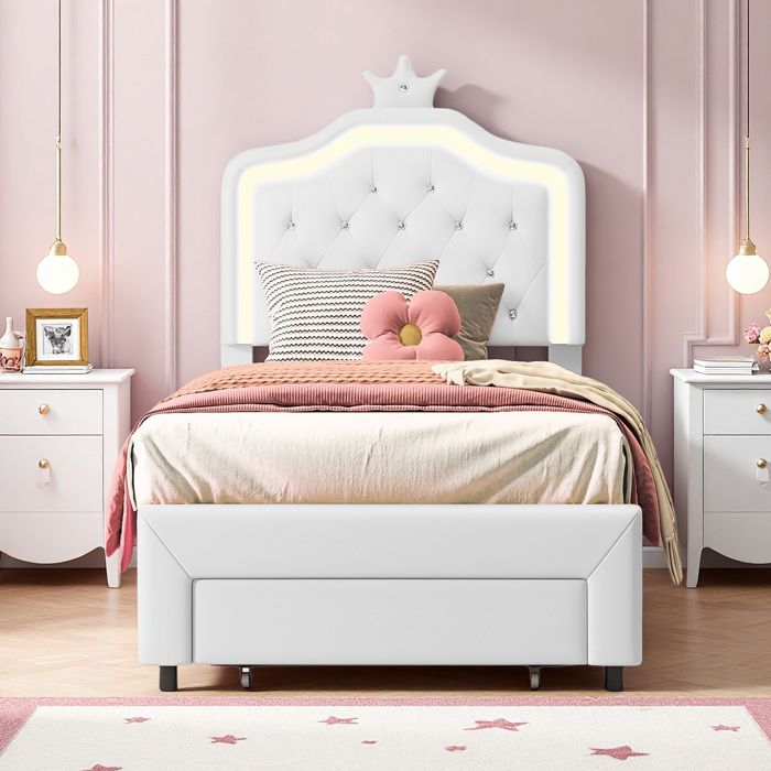 Lit enfant - LUMINARIX - 90x200 cm - LED intégrée - 1 tiroir de rangement - Blanc