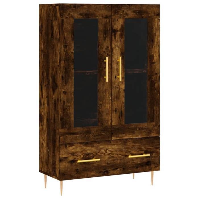 Buffet haut chêne fumé - GKO - 69 5x31x115 cm - Bois dingénierie - Pieds en métal - Porte vitrée