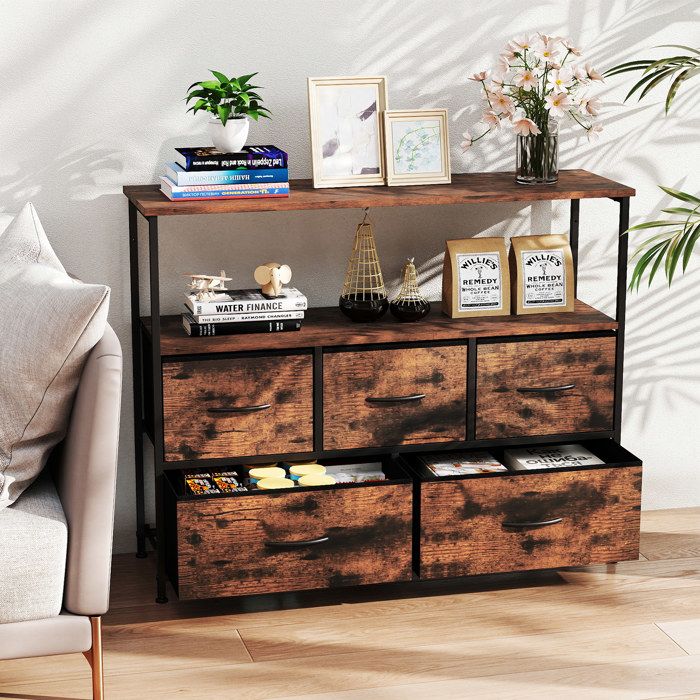 GIANTEX Buffet de Cuisine Style Industriel- Commode à 5 Tiroirs en Tissu- 2 Étagères Ouvertes- Cadre en Métal- 100x30x80cm- Marron