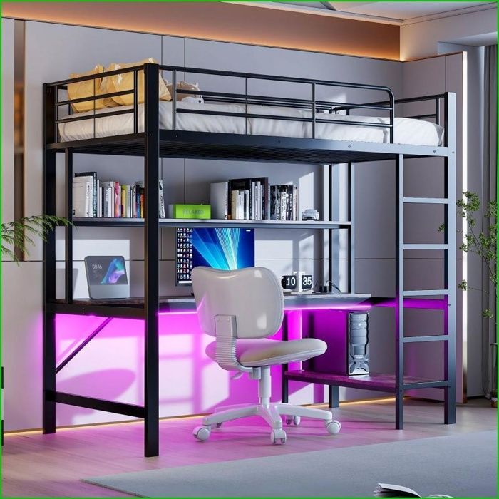 Lit superposé enfant 90x200cm - Rail échelle USB/prises LED bureau étagères - Noir