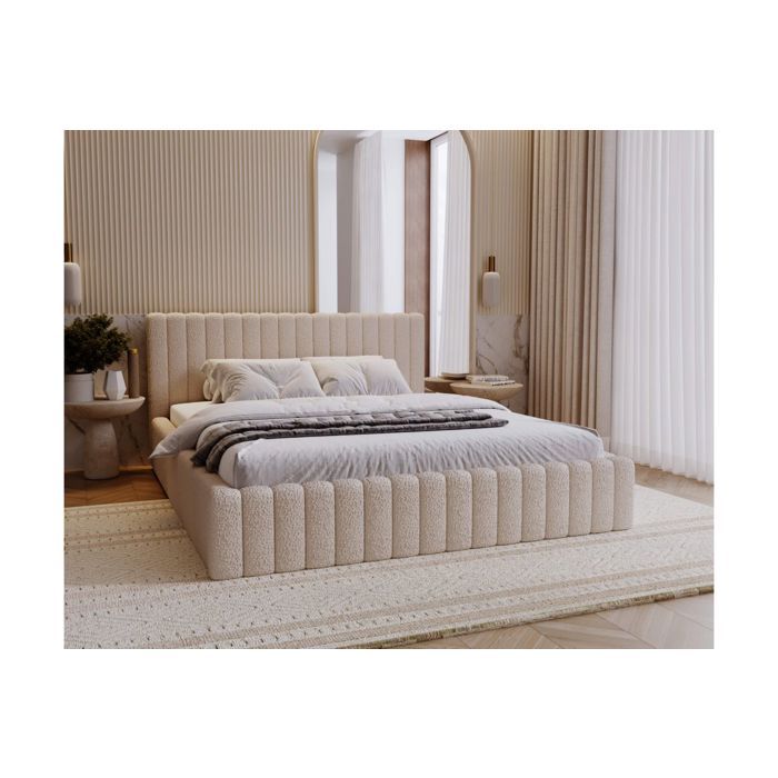 Cadre de lit avec coffre MIRNA en tissu bouclette - Beige - Dimensions du couchage : 140 x 200 cm