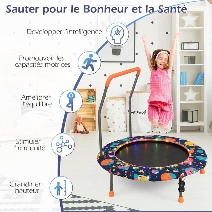 GIANTEX Trampoline Enfants Ø 92 CM Lumières LED Cadre en Acier Poignée de Sécurité Amovible pour Enfants de 3-6 Ans Bleu