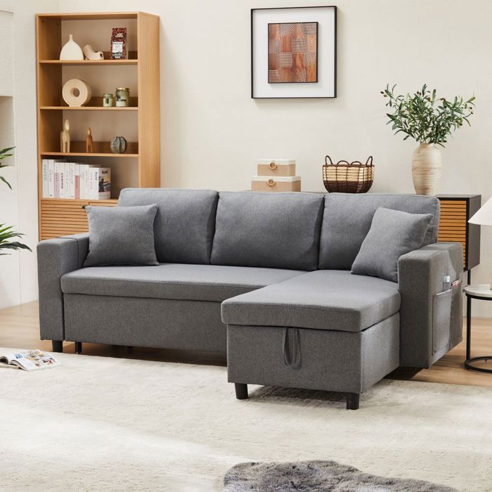 Canapé-lit - MINIMAL - N653P34596061D - Convertible réversible - Rangement latéral - 3 places - Gris foncé Canapé-lit - MINIMAL - N653P34596061D - Convertible réversible - Rangement latéral - 3 places - Gris foncé