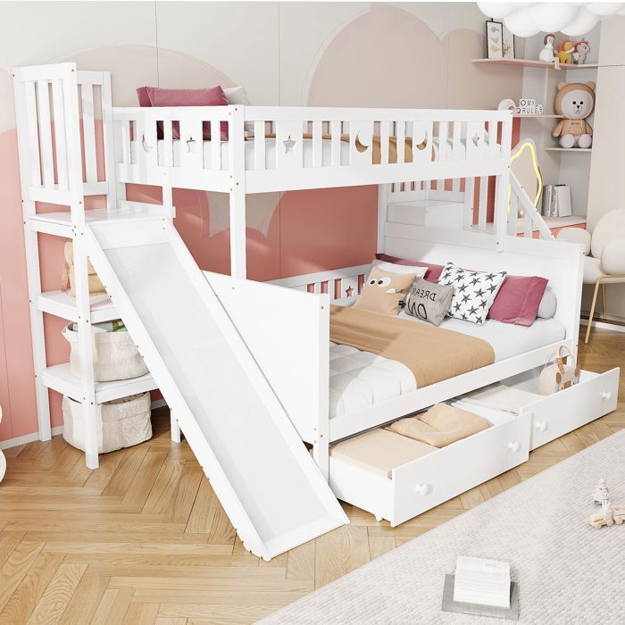 Lit superposé en bois massif pour enfant 90x200/140x200 cm– Avec toboggan étagère marches de sécurité 2 grands tiroirs blanc