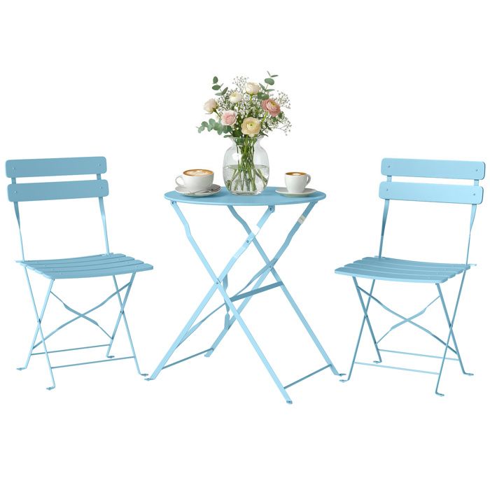 Ensemble bistrot de jardin - 3 pièces - table et 2 chaises pliantes à lattes san montage - métal -42x48x80cm - bleu blair