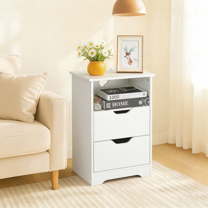 Table de Chevet Moderne avec Multiprise Intégrée ALIGHTUP - Tiroirs et Compartiment Ouvert Blanc