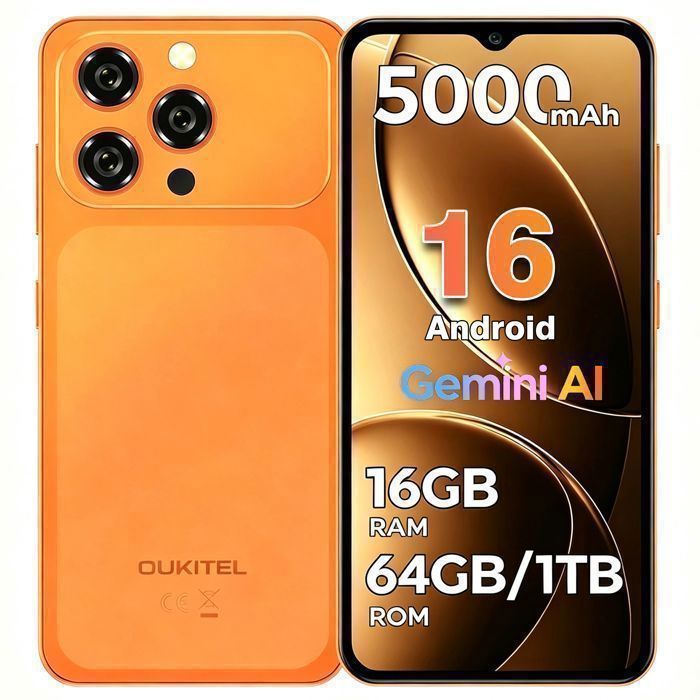Telephone Portable OUKITEL C17 652 16Go+64Go/1 To Batterie 5000mAh 13MP Android 16 Smartphone Double SIM 4G/GPS/Face ID Orange