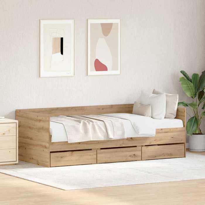 Marron Lit 1 place:90x190 cm （1 pc)- NGM - Lit dappoint - Chêne artisanal 90x190 cm Bois dingénierie 26473