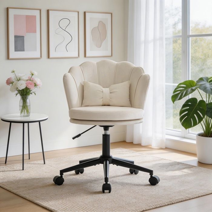 Chaise - Pétale Papillon - Velours beige - Dossier pétale et coussin lombaire - Réglable 45–55 cm