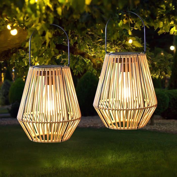 Lanterne Solaire Extérieur 2 Pièces Lanterne Solaire Exterieur Jardin IP65 Lampe Solaire Exterieur Lanternes Solaires en Rotin