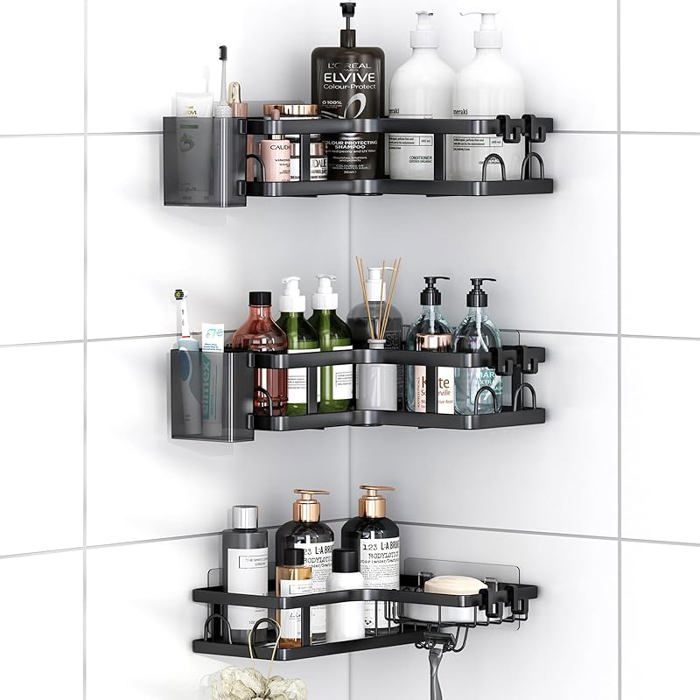 Etagere Douche sans Percage 5 Pièces Etagere Salle De Bain Angle avec Porte Savon Douche Support Gel Douche Salle De Black-3