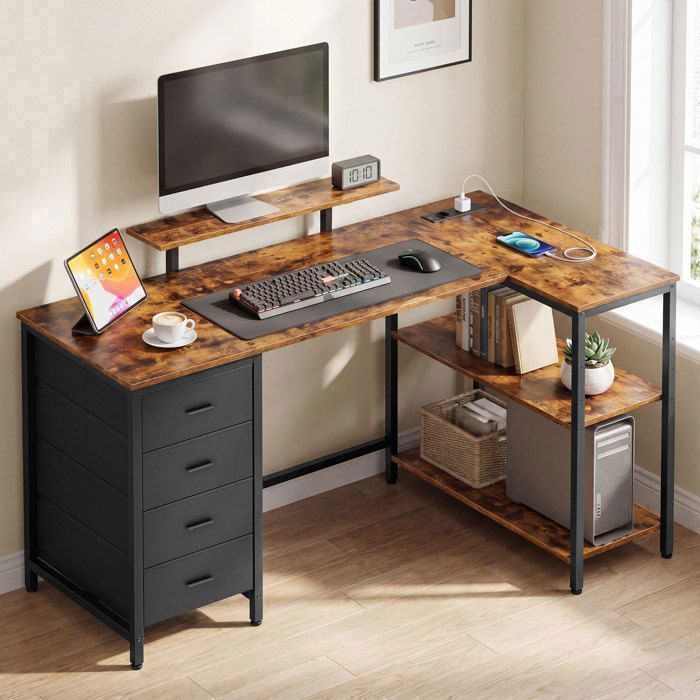 Bureau Étagères Réglables 4 Tiroirs Ports USB en L 140 x 80 cm Marron Bureau Étagères Réglables 4 Tiroirs Ports USB en L 140 x 80 cm Marron