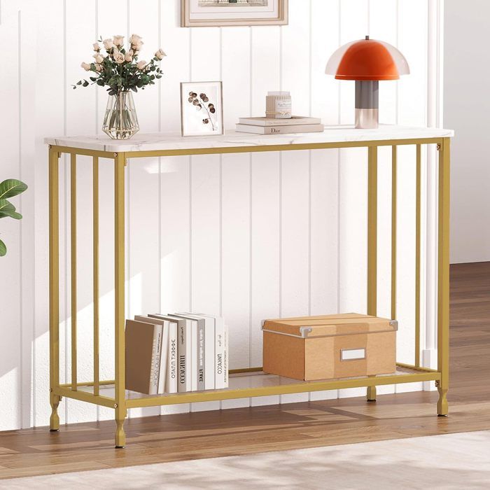 Table Console ÉtroiteConsole MeubleTable d’Entrée avec Étagère en Bois Structure en Métalpour Couloir Entrée105x30x81 cmor