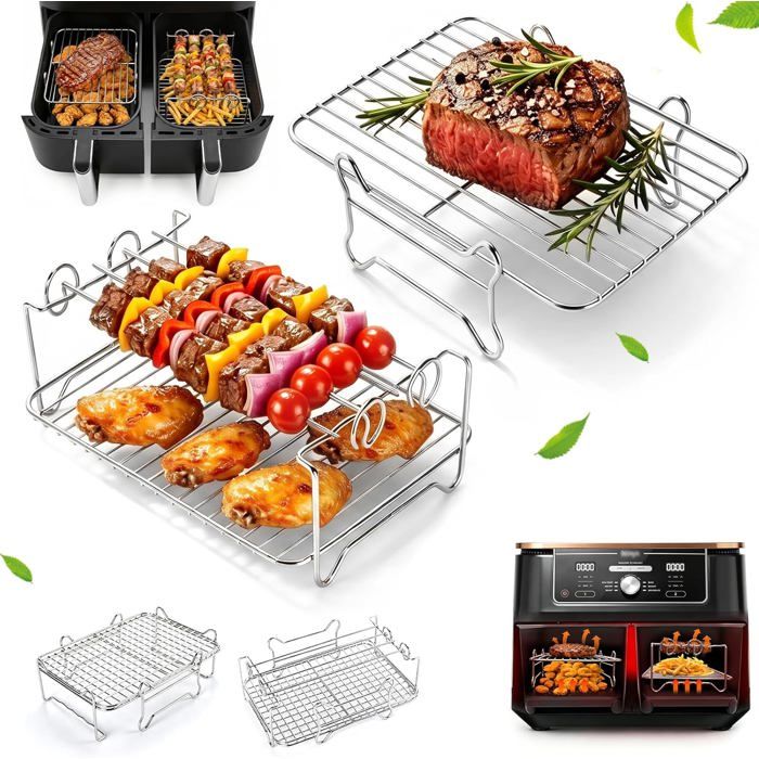 2 Pièces Grille Acier Inoxydable Pour Friteuse À Air Chaud Empilable Avec 4 Brochettes Compatible Avec Ninja Af400Eu/Af500Eu&Cosor