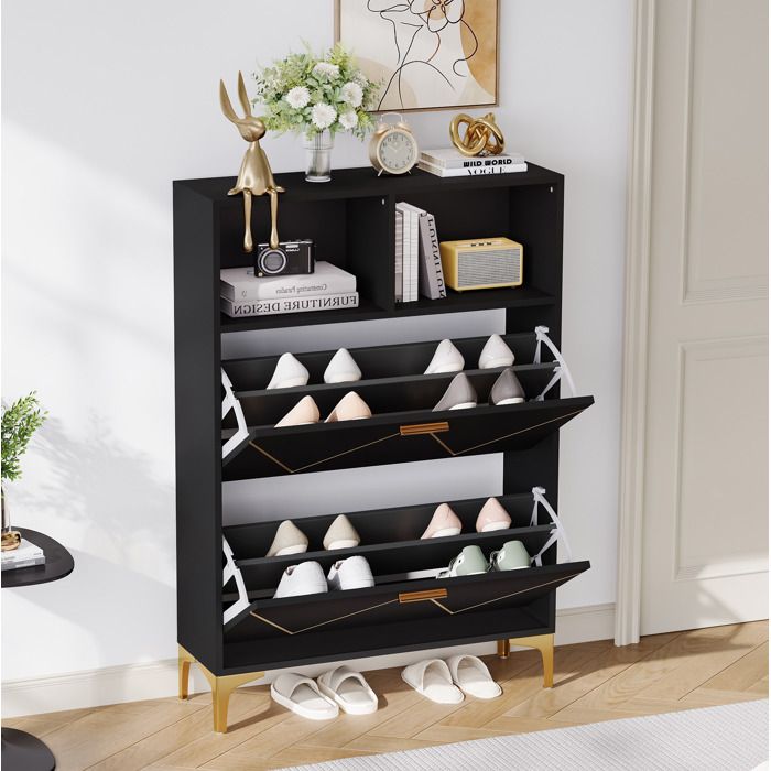 Meuble à chaussures 80 x 25 x 117 cm meuble dentrée avec 2 portes abattantes 4 espaces moderne MDF noir
