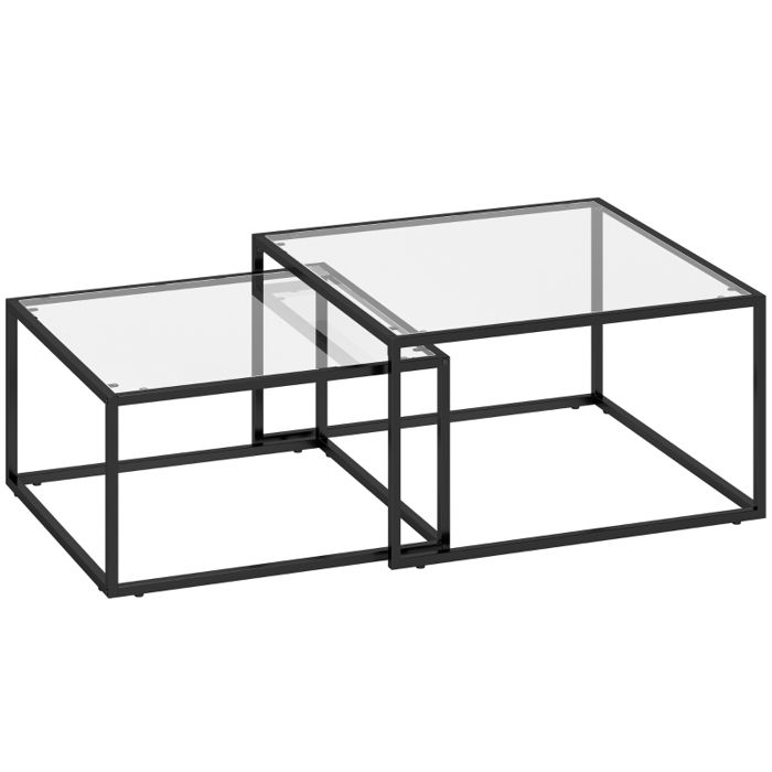 Tables basses gigognes - Ensemble de 2 pièces - Plateau en verre trempé - Cadre en métal noir - Dimensions 75x75x42 cm