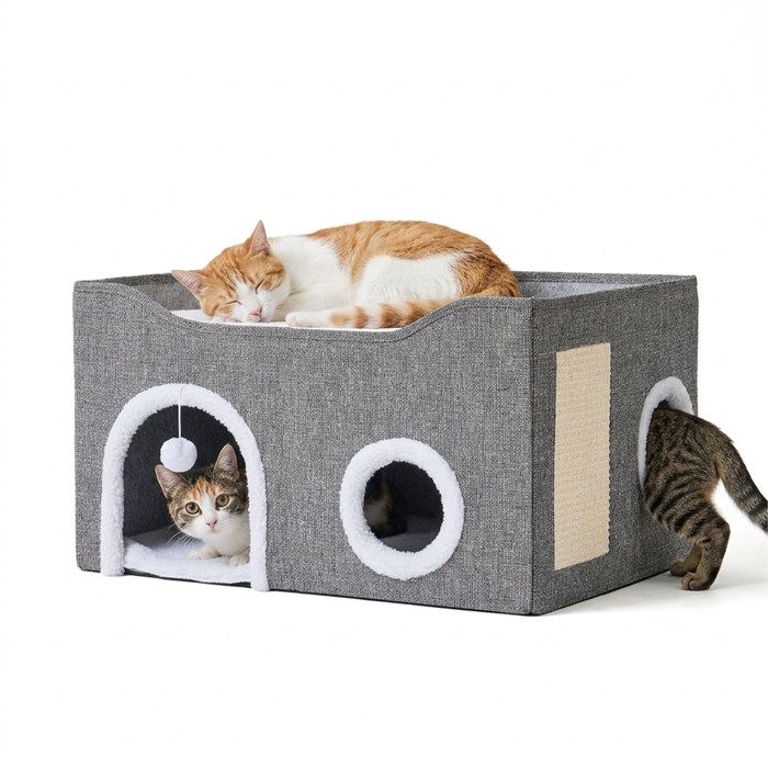 Relaxdays grotte pour chat H x L x P : 34 x 60 x 40 cm griffoir balle de jeu 2 coussins pliable grise