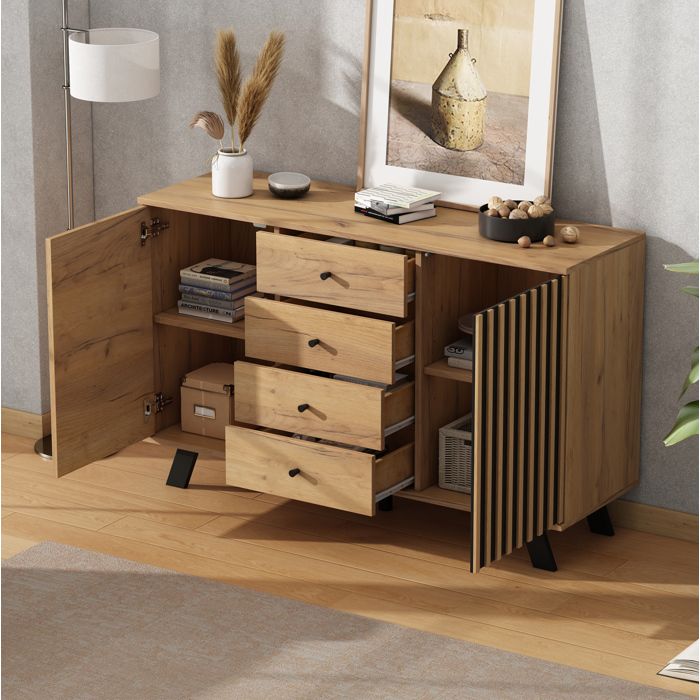 Meuble rangement buffet bas 120 x 38 x 75 cm 2 portes 4 tiroirs bois naturel et noir pieds bois massif Grjofek