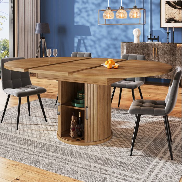COVREO Table à manger extensible ronde à ovale 118-158 cm rangement intégré MDF décor noyer