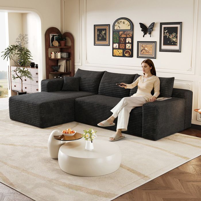 Canapé d’angle modulable AESVAR 3 places 241 cm sans montage tissu velours côtelé noir