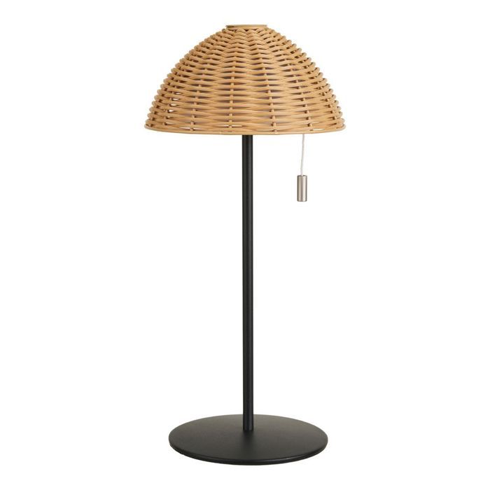 Lampe à poser extérieure rechargeable imitation rotin et pied métal noir - WILOW