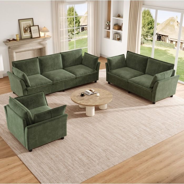 Ensemble canapé modulaire 3+2+1 en chenille verte avec fauteuil assise moelleuse et structure fixe