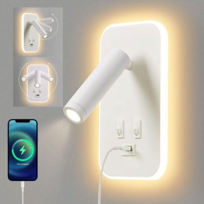 Lampe de chevet avec interrupteur et port de chargement USB (3 W lumière naturelle + 10 W lumière blanche chaude) Blanche