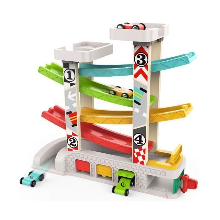 Circuit à glissière – Rampe de course en bois – 4 voitures miniatures – Cadeau éducatif – Adapté aux enfants de 1 à 2 ans